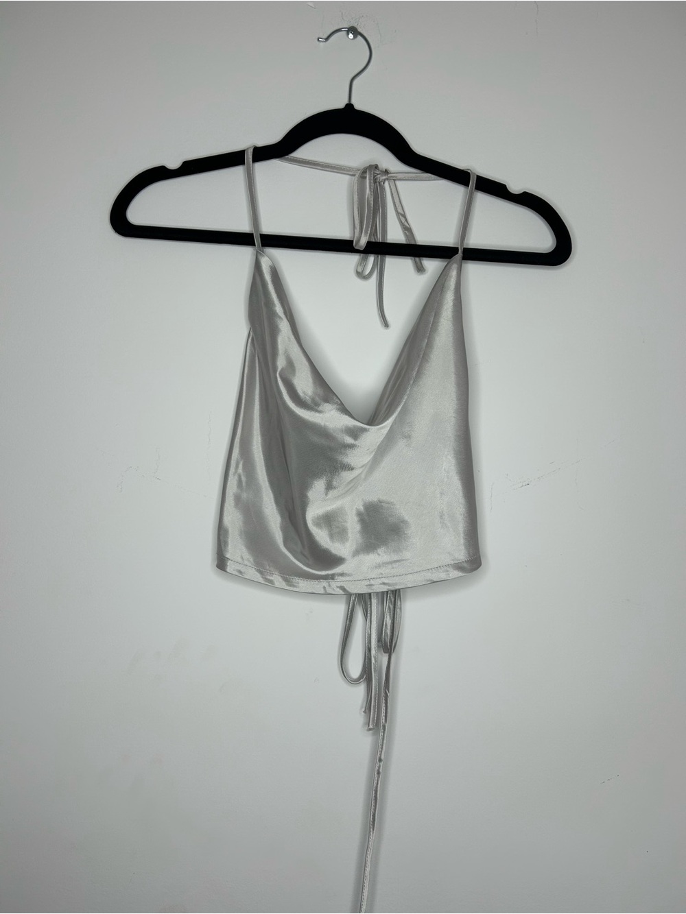 H&M Divided Silver Satin Cowl-Front Tie-Back Crop Top
